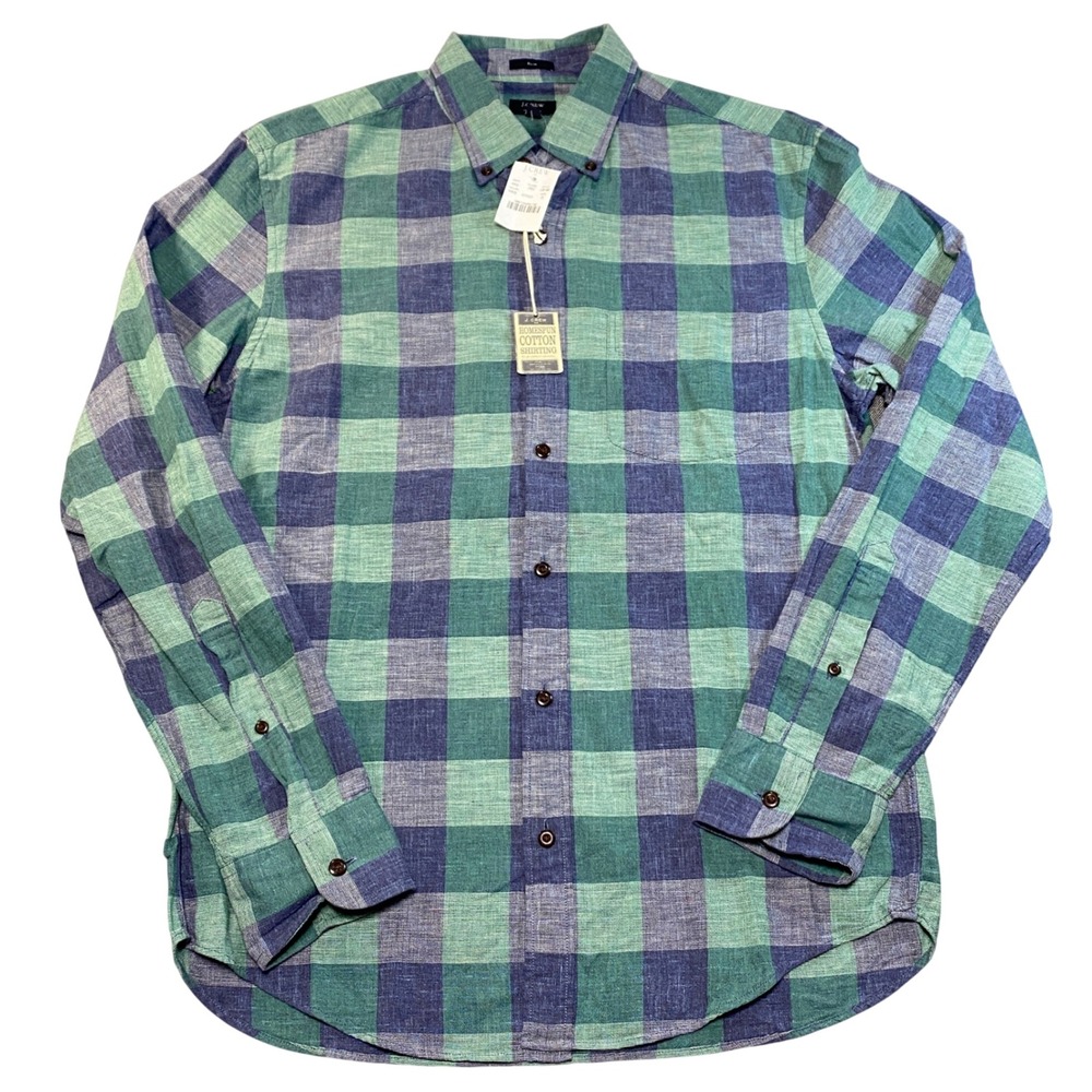 J.Crew‎ Homespun Cotton Shirting Slim Fit Buffalo Check Shirt Green Blue Medium